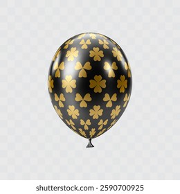 Black gold 3D realistic balloon with clover leaf pattern. Shamrock ornament balloons. Patricks day luxury festive decor. Celebration vector design element. EPS 10.