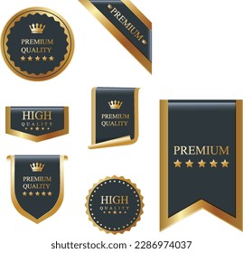 Black and Gold 3d Ribbons, symbol premium VIP, Quality with ornament kings and stars Vector illustration