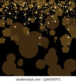 Black and gold abstract background designed with stars and sparkles on circular and hexagonal patterns