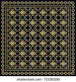 Black and gold abstract background, geometric line pattern with ornate lace frame. Tribal ethnic ornament. Bandanna shawl fabric print, silk neck scarf or kerchief design
