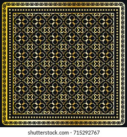 Black and gold abstract background, geometric line pattern with ornate lace frame. Tribal ethnic ornament. Bandanna shawl fabric print, silk neck scarf or kerchief design
