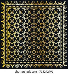 Black and gold abstract background, geometric line pattern with ornate lace frame. Tribal ethnic ornament. Bandanna shawl fabric print, silk neck scarf or kerchief design
