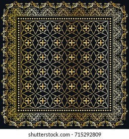 Black and gold abstract background, geometric line pattern with ornate lace frame. Tribal ethnic ornament. Bandanna shawl fabric print, silk neck scarf or kerchief design

