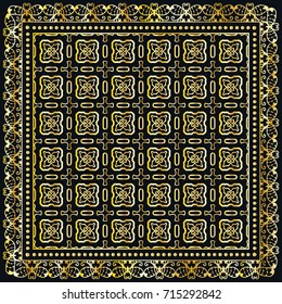 Black and gold abstract background, geometric line pattern with ornate lace frame. Tribal ethnic ornament. Bandanna shawl fabric print, silk neck scarf or kerchief design
