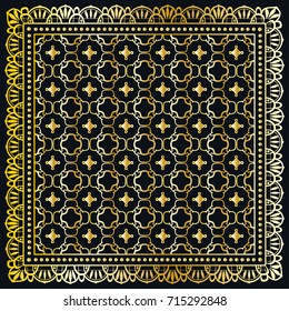 Black and gold abstract background, geometric line pattern with ornate lace frame. Tribal ethnic ornament. Bandanna shawl fabric print, silk neck scarf or kerchief design
