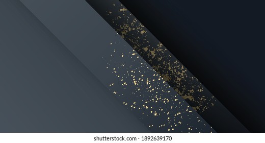 Black and gold abstract background. Black background with golden halftone shine dots on geometric rectangle pattern, vector. Golden confetti glitter on black gradient 3d background