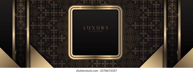 Black gold abstract background with a golden frame. Perfect horizontal wallpaper for Islamic celebrations, Diwali invitations, High quality vector illustration, not AI-generated.