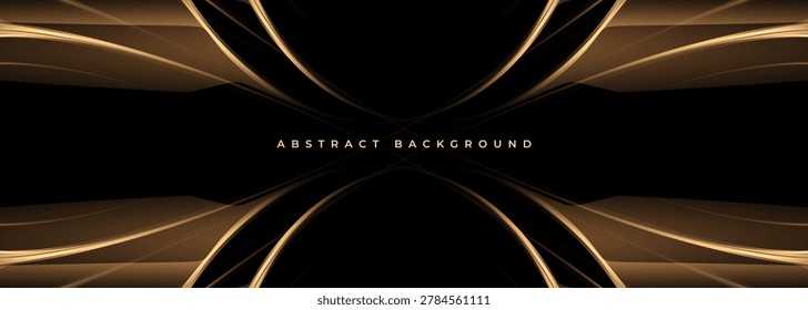 Black and gold abstract background showcasing flowing metallic ribbons and subtle glow, luxury atmosphere with satin gradients, elegant curves, and opulent texture perfect for gala invitations.