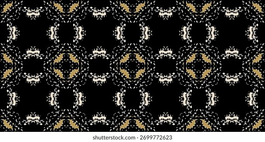 Black and Gold Abstract Bohemian Pattern Seamless Repeating Texture. 

Luxurious Ornate Kaleidoscope Digital Paper Background Design. 

Ethnic Tribal Damask Motif Tileable Wallpaper
