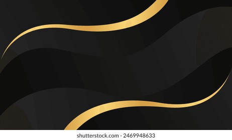 Black and gold abstract curve background, metallic wavy shapes, vector modern wallpaper for templates, banners, cards, web, pages, and others