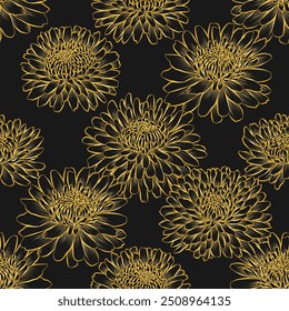 Black and gold abstract floral seamless pattern with classic design elements like continuous lines. Outline golden sketch of chrysanthemum flower suitable for fabric designs