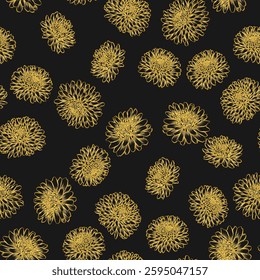 Black and gold abstract floral seamless pattern with classic design elements like continuous lines. Outline golden sketch of chrysanthemum flower suitable for fabric designs