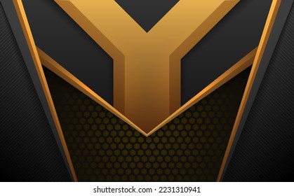 Black and gold abstract geometric shapes background with hexagonal mesh
