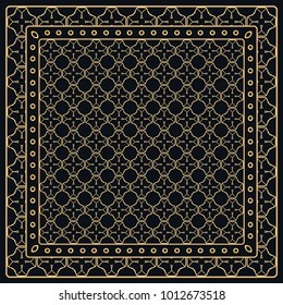 Black and gold abstract graphic pattern. Geometric ornament with frame, border. Line art, lace, embroidery background. Bandanna, shawl, scarf, tablecloth design for textile fabric print