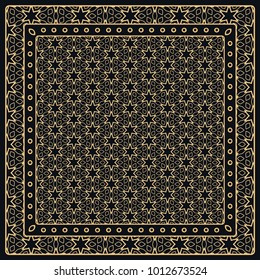 Black and gold abstract graphic pattern. Geometric ornament with frame, border. Line art, lace, embroidery background. Bandanna, shawl, scarf, tablecloth design for textile fabric print