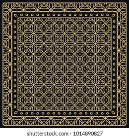 Black and gold abstract graphic pattern. Geometric ornament with frame, border. Line art, lace, embroidery background. Bandanna, shawl, scarf, tablecloth design for textile fabric print