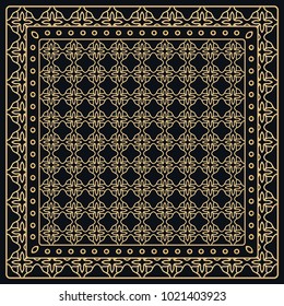 Black and gold abstract graphic pattern. Geometric ornament with frame, border. Line art, lace, embroidery background. Bandanna, shawl, scarf, tablecloth design for textile fabric print