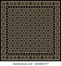 Black and gold abstract graphic pattern. Geometric ornament with frame, border. Line art, lace, embroidery background. Bandanna, shawl, scarf, tablecloth design for textile fabric print