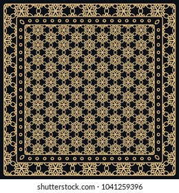 Black and gold abstract graphic pattern. Geometric ornament with frame, border. Line art, lace, embroidery background. Bandanna, shawl, scarf, tablecloth design for textile fabric print