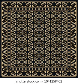 Black and gold abstract graphic pattern. Geometric ornament with frame, border. Line art, lace, embroidery background. Bandanna, shawl, scarf, tablecloth design for textile fabric print
