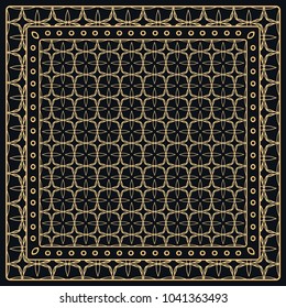 Black and gold abstract graphic pattern. Geometric ornament with frame, border. Line art, lace, embroidery background. Bandanna, shawl, scarf, tablecloth design for textile fabric print