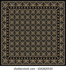 Black and gold abstract graphic pattern. Geometric ornament with frame, border. Line art, lace, embroidery background. Bandanna, shawl, scarf, tablecloth design for textile fabric print