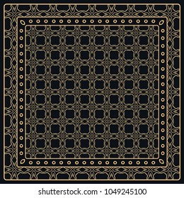 Black and gold abstract graphic pattern. Geometric ornament with frame, border. Line art, lace, embroidery background. Bandanna, shawl, scarf, tablecloth design for textile fabric print