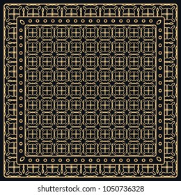 Black and gold abstract graphic pattern. Geometric ornament with frame, border. Line art, lace, embroidery background. Bandanna, shawl, scarf, tablecloth design for textile fabric print