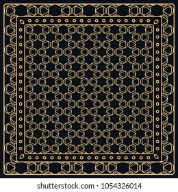 Black and gold abstract graphic pattern. Geometric ornament with frame, border. Line art, lace, embroidery background. Bandanna, shawl, scarf, tablecloth design for textile fabric print