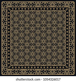 Black and gold abstract graphic pattern. Geometric ornament with frame, border. Line art, lace, embroidery background. Bandanna, shawl, scarf, tablecloth design for textile fabric print