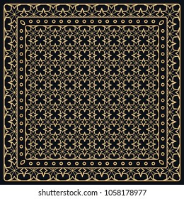 Black and gold abstract graphic pattern. Geometric ornament with frame, border. Line art, lace, embroidery background. Bandanna, shawl, scarf, tablecloth design for textile fabric print