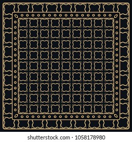 Black and gold abstract graphic pattern. Geometric ornament with frame, border. Line art, lace, embroidery background. Bandanna, shawl, scarf, tablecloth design for textile fabric print