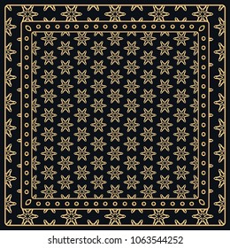 Black and gold abstract graphic pattern. Geometric ornament with frame, border. Line art, lace, embroidery background. Bandanna, shawl, scarf, tablecloth design for textile fabric print