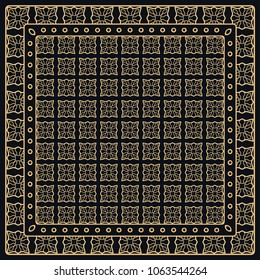 Black and gold abstract graphic pattern. Geometric ornament with frame, border. Line art, lace, embroidery background. Bandanna, shawl, scarf, tablecloth design for textile fabric print