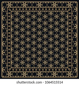 Black and gold abstract graphic pattern. Geometric ornament with frame, border. Line art, lace, embroidery background. Bandanna, shawl, scarf, tablecloth design for textile fabric print