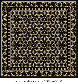 Black and gold abstract graphic pattern. Geometric ornament with frame, border. Line art, lace, embroidery background. Bandanna, shawl, scarf, tablecloth design for textile fabric print