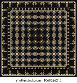 Black and gold abstract graphic pattern. Geometric ornament with frame, border. Line art, lace, embroidery background. Bandanna, shawl, scarf, tablecloth design for textile fabric print