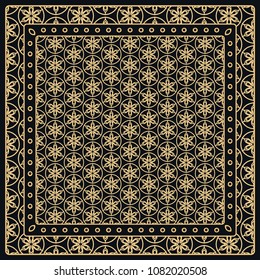 Black and gold abstract graphic pattern. Geometric ornament with frame, border. Line art, lace, embroidery background. Bandanna, shawl, scarf, tablecloth design for textile fabric print