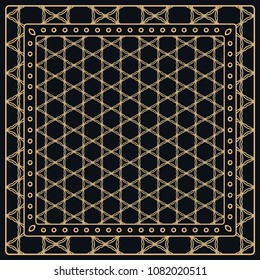 Black and gold abstract graphic pattern. Geometric ornament with frame, border. Line art, lace, embroidery background. Bandanna, shawl, scarf, tablecloth design for textile fabric print