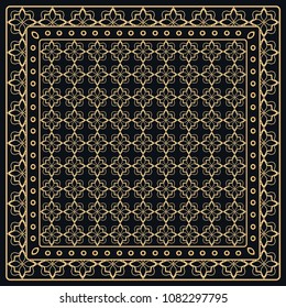 Black and gold abstract graphic pattern. Geometric ornament with frame, border. Line art, lace, embroidery background. Bandanna, shawl, scarf, tablecloth design for textile fabric print