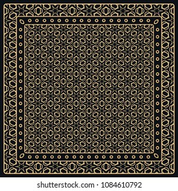 Black and gold abstract graphic pattern. Geometric ornament with frame, border. Line art, lace, embroidery background. Bandanna, shawl, scarf, tablecloth design for textile fabric print