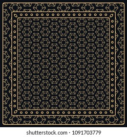 Black and gold abstract graphic pattern. Geometric ornament with frame, border. Line art, lace, embroidery background. Bandanna, shawl, scarf, tablecloth design for textile fabric print