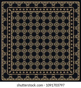 Black and gold abstract graphic pattern. Geometric ornament with frame, border. Line art, lace, embroidery background. Bandanna, shawl, scarf, tablecloth design for textile fabric print