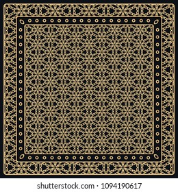 Black and gold abstract graphic pattern. Geometric ornament with frame, border. Line art, lace, embroidery background. Bandanna, shawl, scarf, tablecloth design for textile fabric print