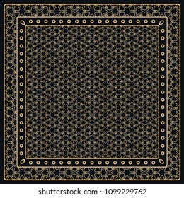 Black and gold abstract graphic pattern. Geometric ornament with frame, border. Line art, lace, embroidery background. Bandanna, shawl, scarf, tablecloth design for textile fabric print