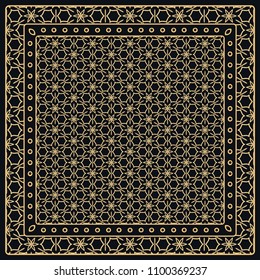 Black and gold abstract graphic pattern. Geometric ornament with frame, border. Line art, lace, embroidery background. Bandanna, shawl, scarf, tablecloth design for textile fabric print