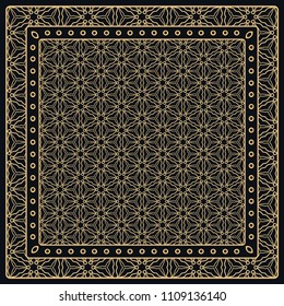 Black and gold abstract graphic pattern. Geometric ornament with frame, border. Line art, lace, embroidery background. Bandanna, shawl, scarf, tablecloth design for textile fabric print