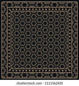 Black and gold abstract graphic pattern. Geometric ornament with frame, border. Line art, lace, embroidery background. Bandanna, shawl, scarf, tablecloth design for textile fabric print