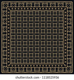 Black and gold abstract graphic pattern. Geometric ornament with frame, border. Line art, lace, embroidery background. Bandanna, shawl, scarf, tablecloth design for textile fabric print