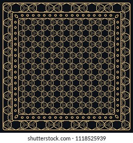 Black and gold abstract graphic pattern. Geometric ornament with frame, border. Line art, lace, embroidery background. Bandanna, shawl, scarf, tablecloth design for textile fabric print